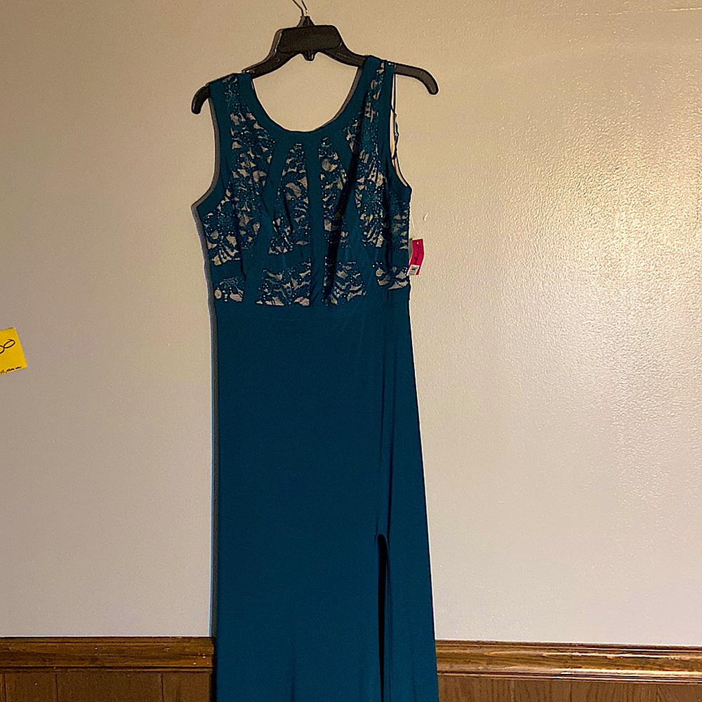 Emerald and nude dress, it in front